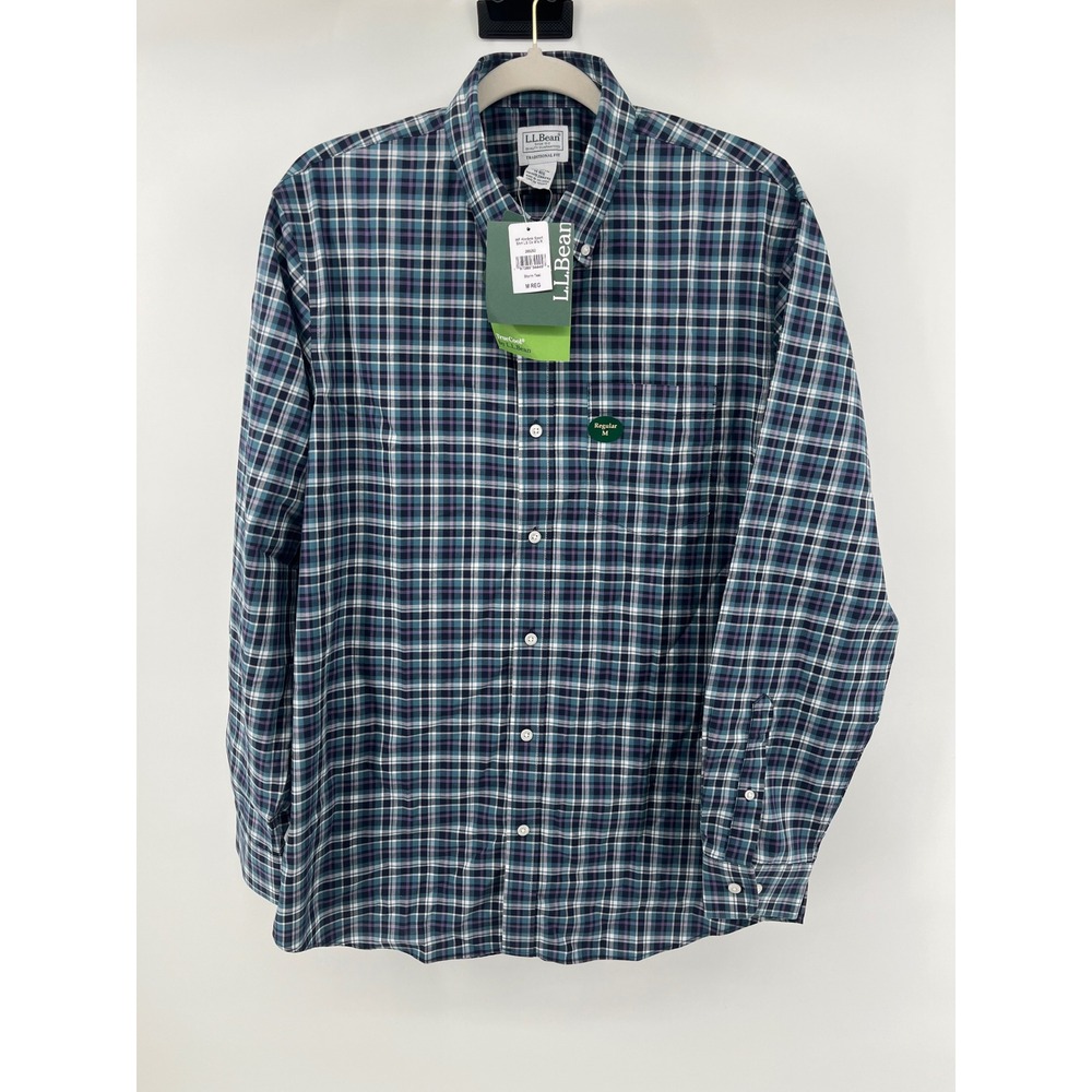 LL Bean Mens Traditional Fit Plaid Sport Shirt Storm Teal Cotton M 288292 NEW